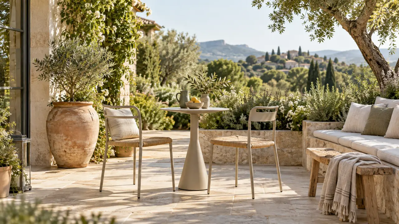 Salon de jardin élégant composé de mobilier durable sur une terrasse lumineuse