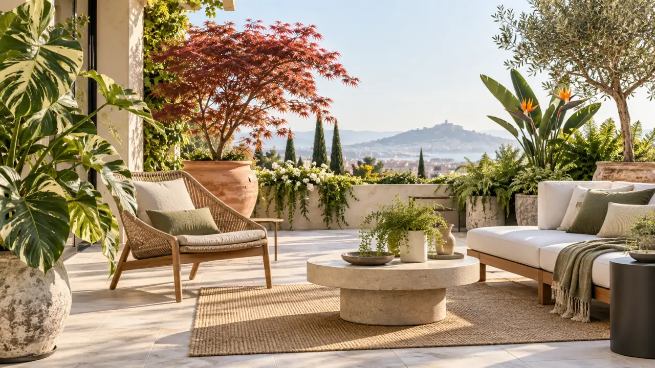 Terrasse élégante décorée de plantes rares dans des pots artisanaux