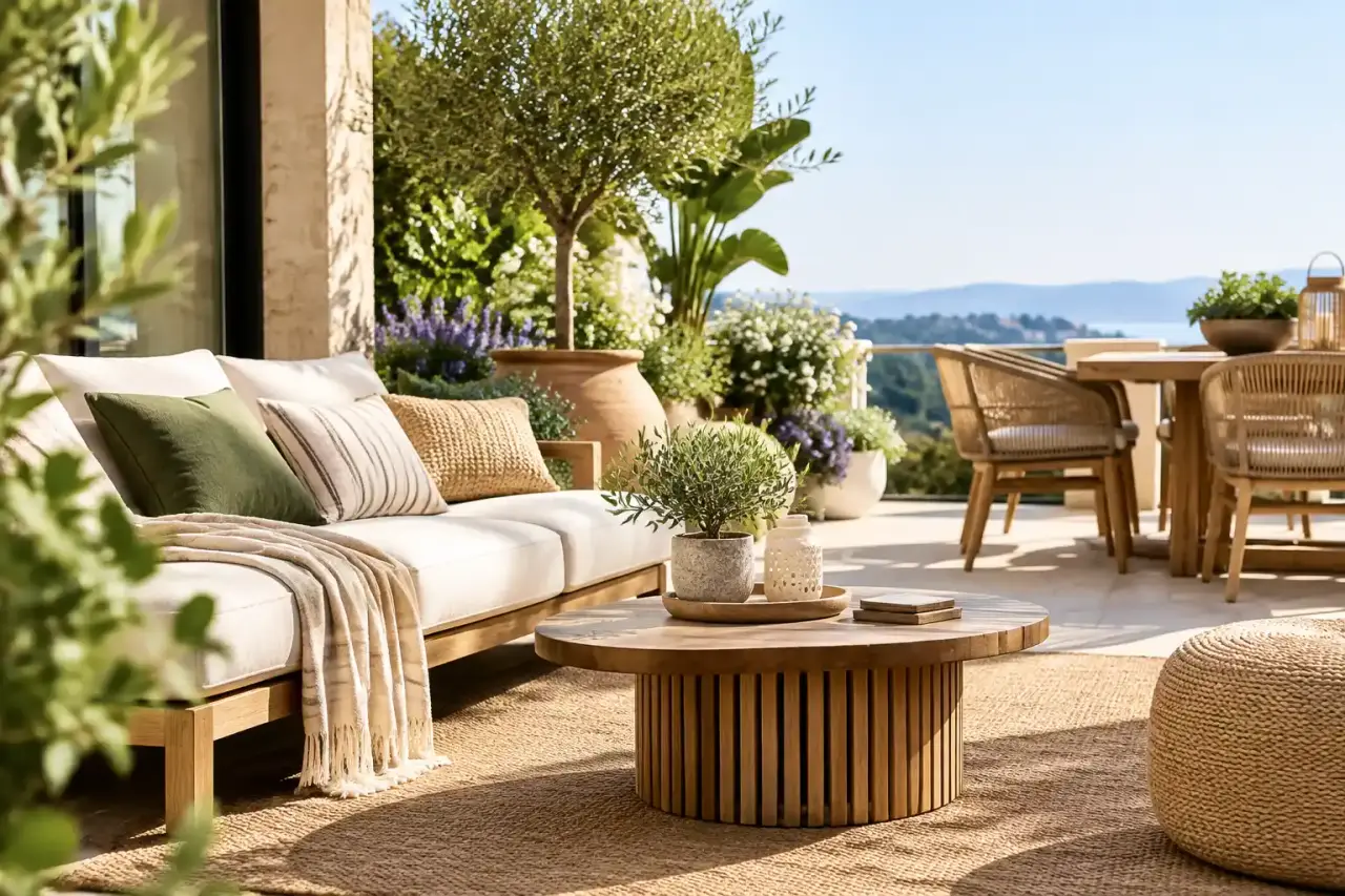 Terrasse élégante avec mobilier en bois, plantes luxuriantes et matières naturelles