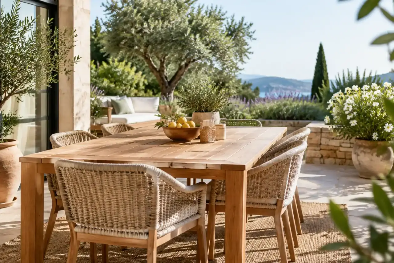 Coin repas extérieur élégant avec table en bois et chaises design entourées de végétation