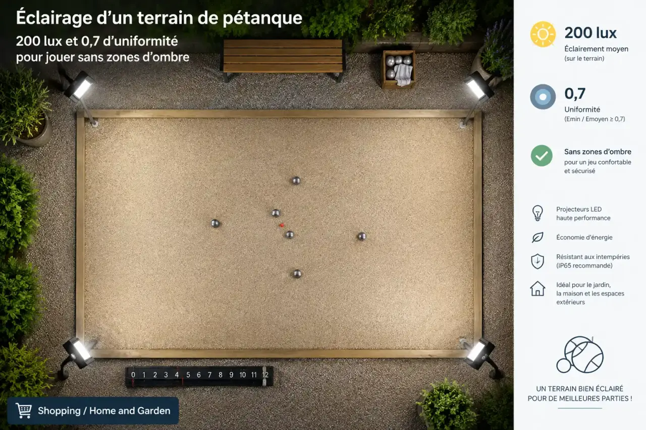 Éclairage d’un terrain de pétanque : 200 lux et 0,7 d’uniformité pour jouer sans zones d’ombre