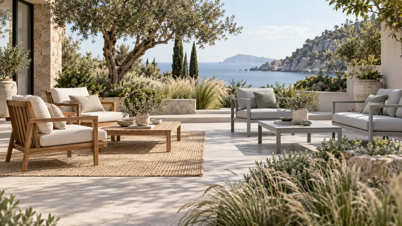 Salon de jardin élégant associant mobilier en teck et aluminium sur une terrasse lumineuse