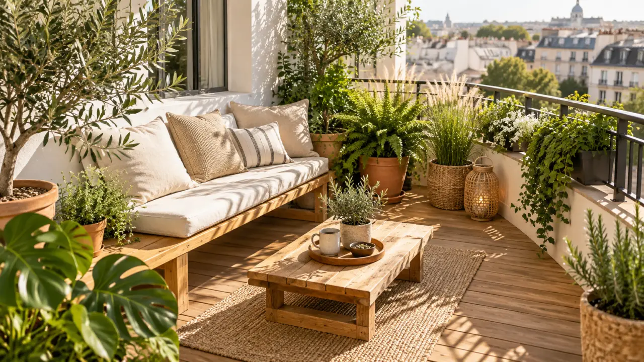 Terrasse élégante aménagée avec du mobilier en bois et des plantes en pots