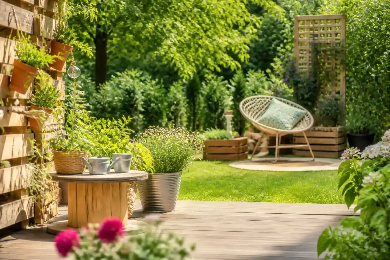 Espace extérieur minimaliste et élégant avec mobilier de jardin haut de gamme