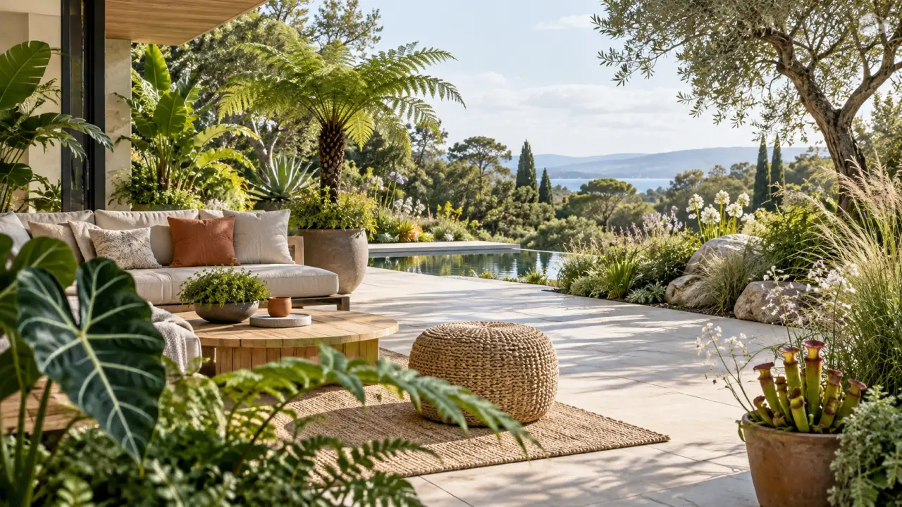 Plante rare et architecturale dans un jardin élégant aménagé avec des matériaux naturels