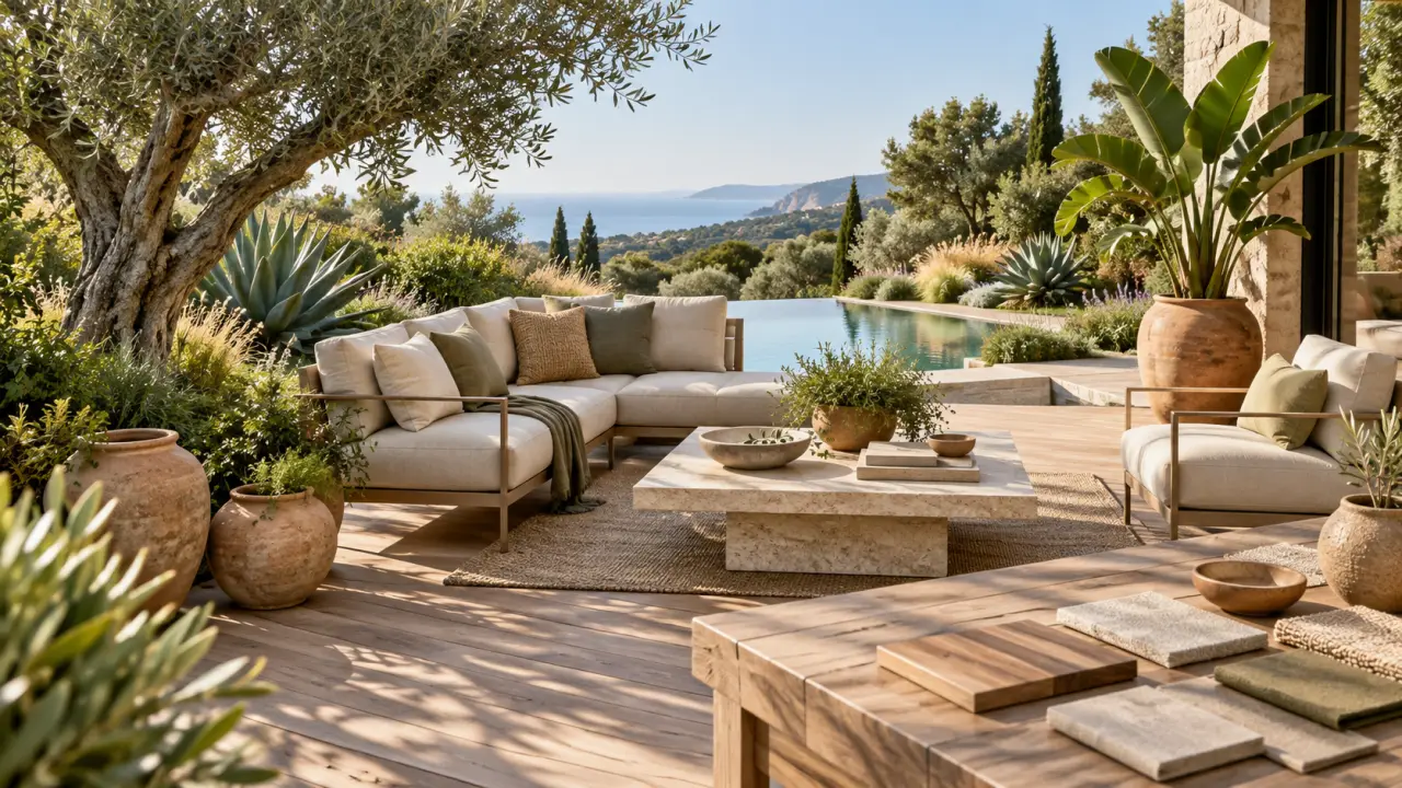 Terrasse élégante avec mobilier en bois, plantes architecturales et matières naturelles